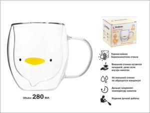 Кружка стеклянная с двойными стенками, 280 мл, серия Funny animals, PERFECTO LINEA (Стеклянная кружка ручной работы из боросиликатного стекла)
